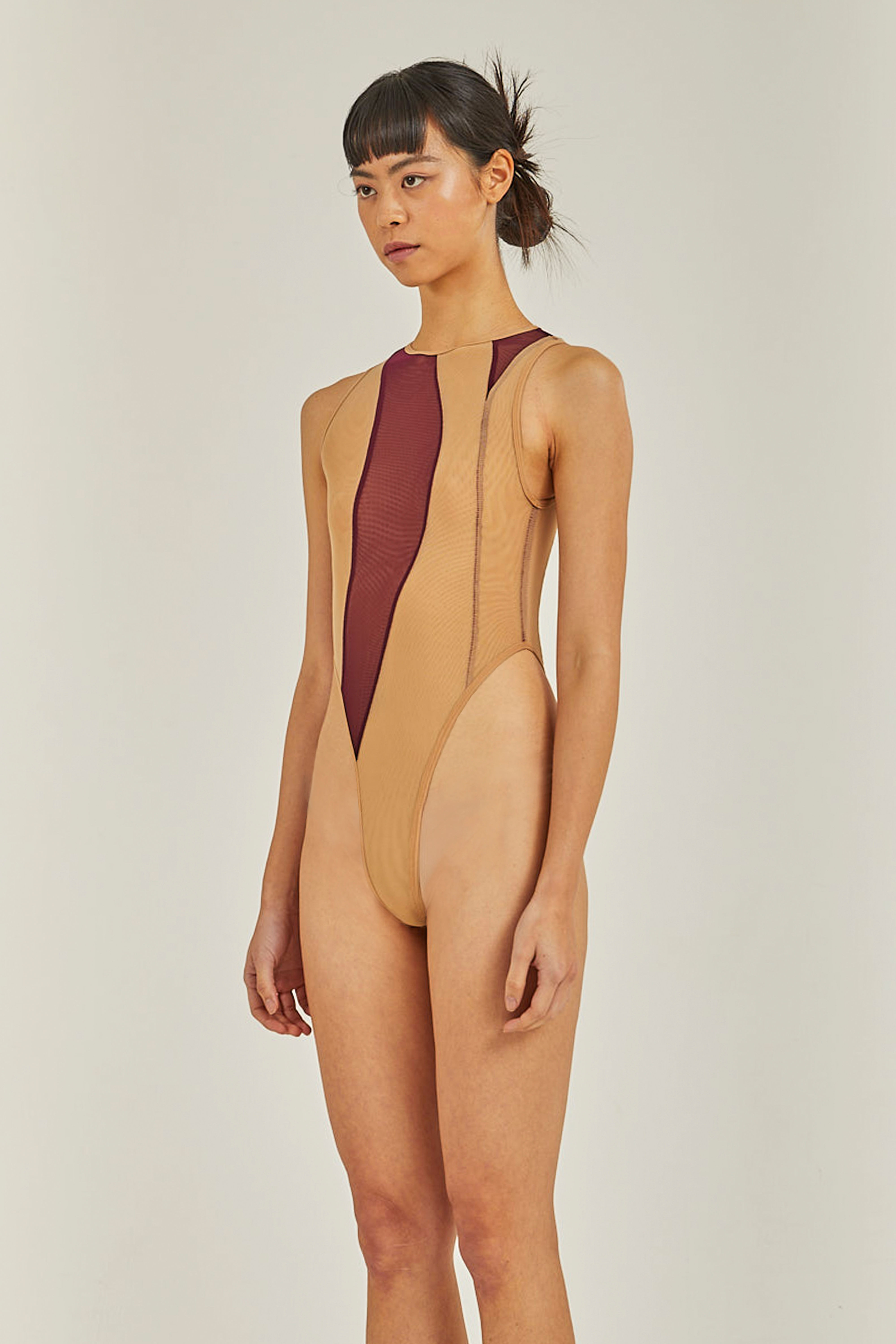 Beige & Burgundy Mesh Bodysuit
