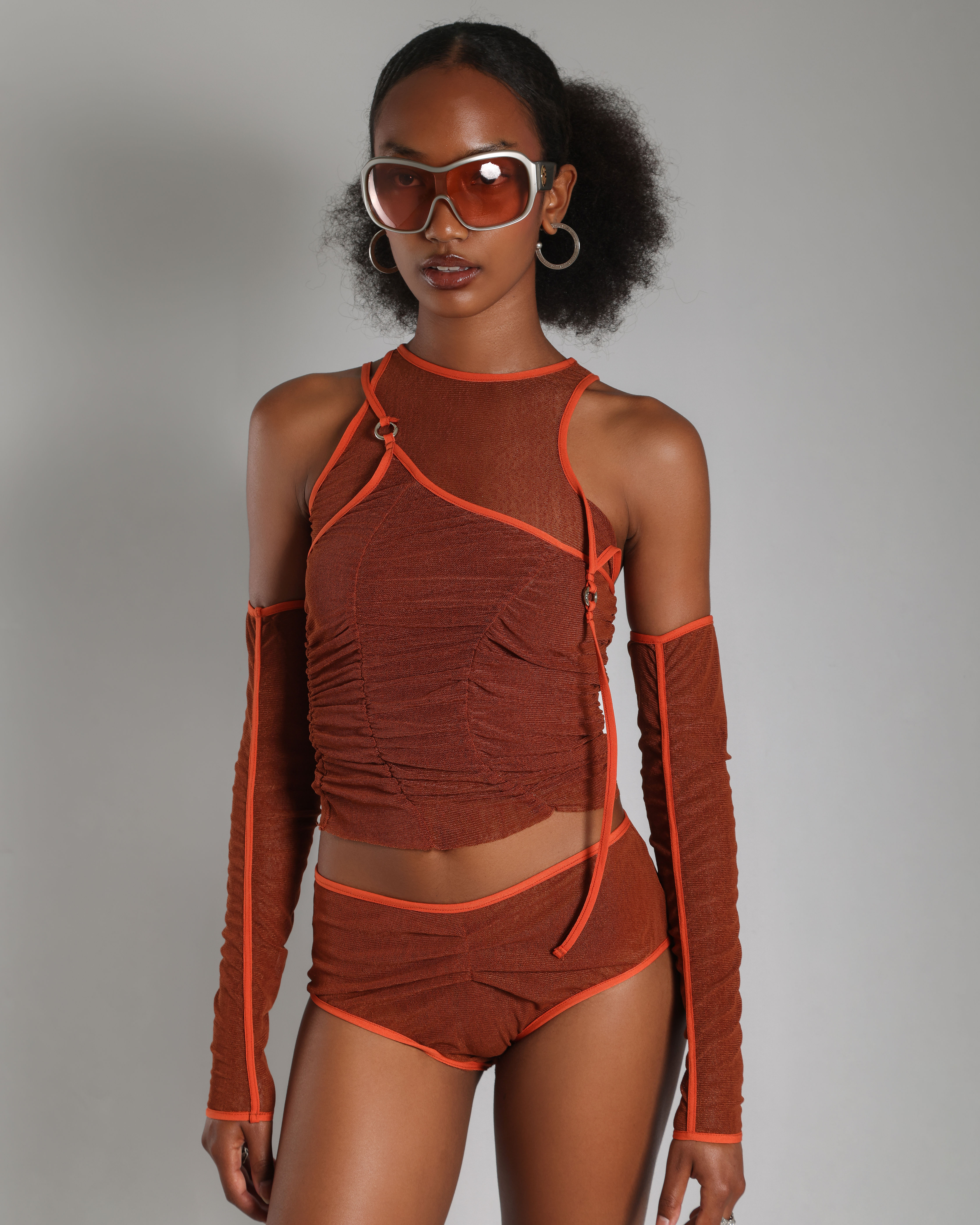 Rust Contrast Mesh Top with Gloves and Briefs