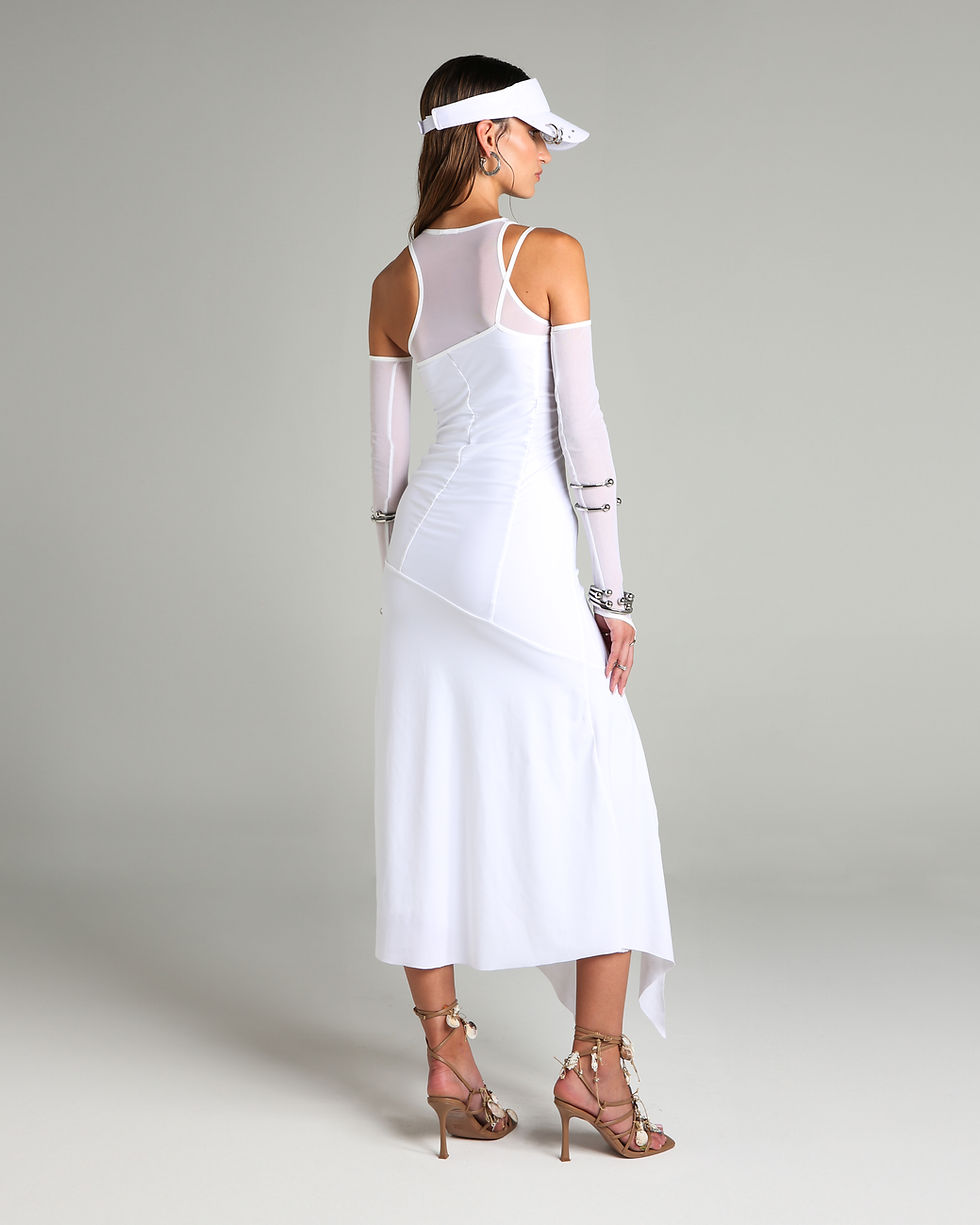 Thumbnail: WHITE LAYERED MESH AND LYCRA TANK DRESS