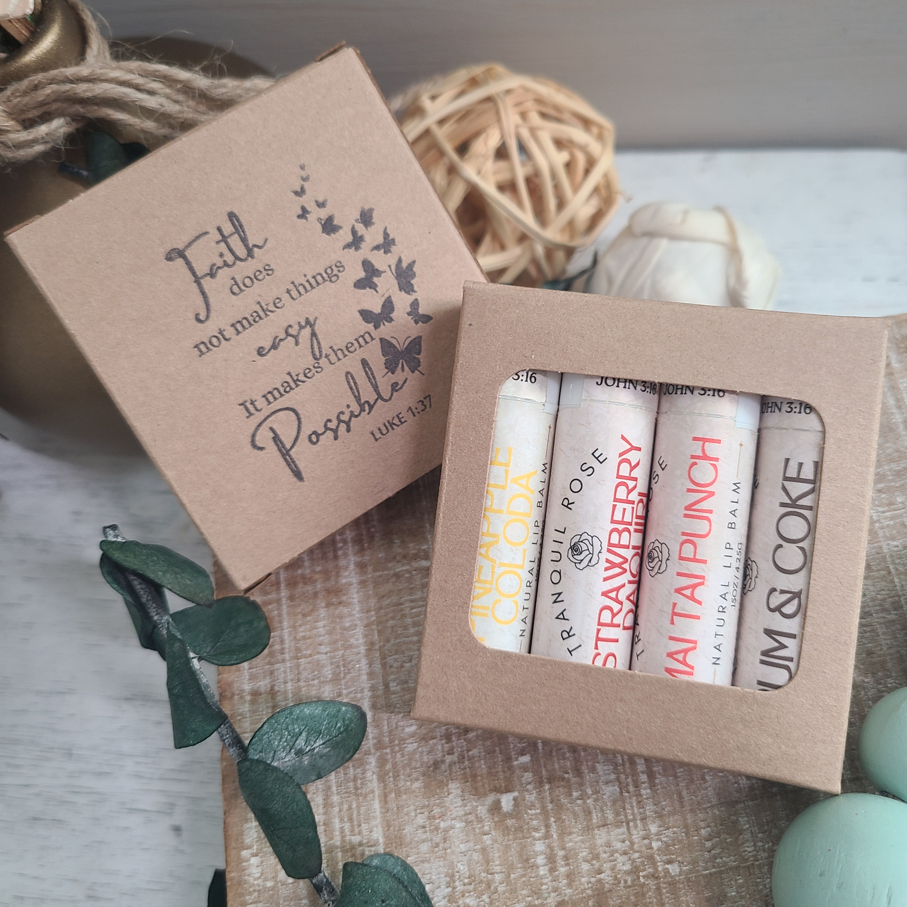 Themed Lip Balm Sets, showing box and Happy Hour lip balms