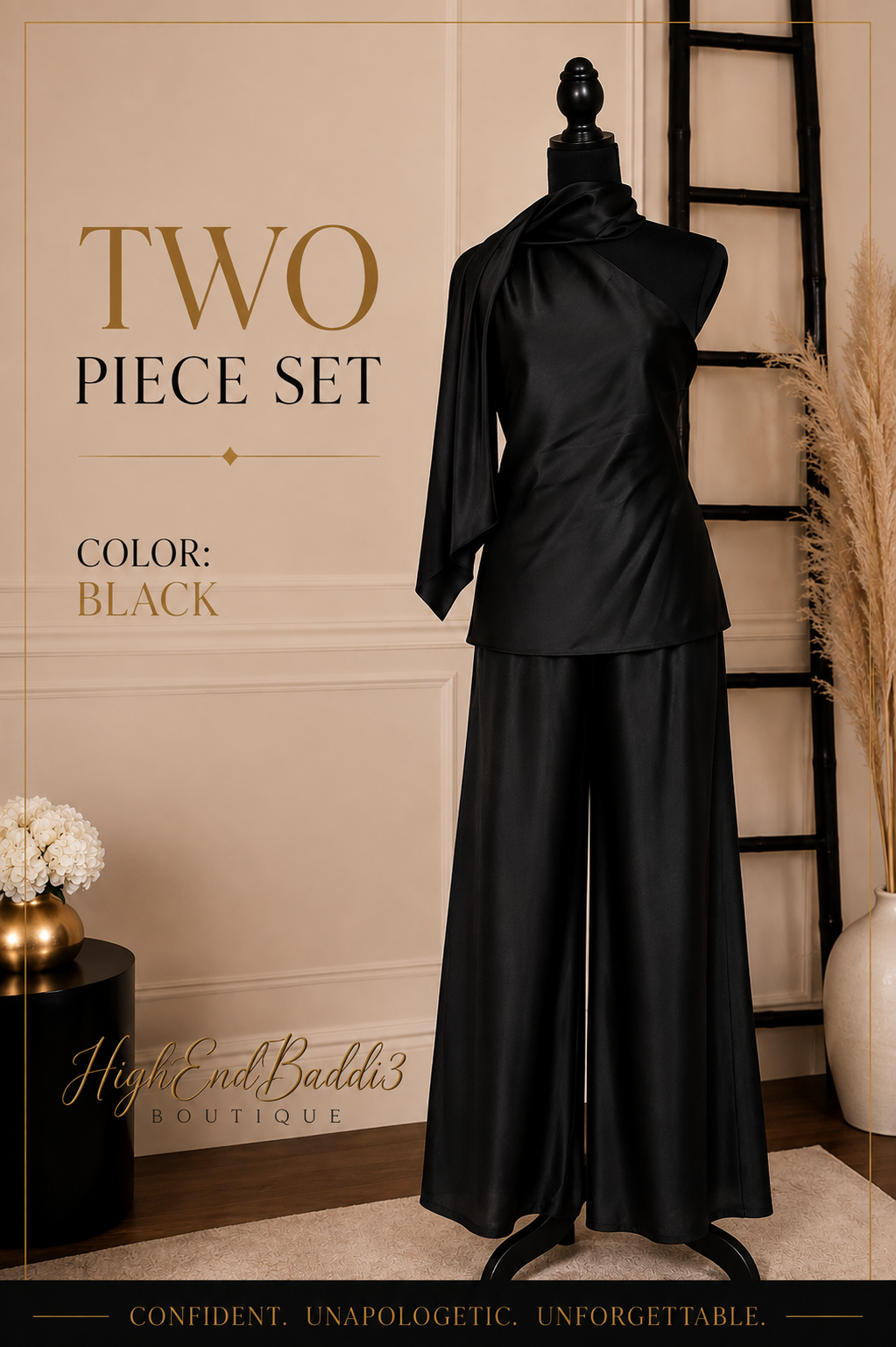 Black Silk two piece wide leg pant set 