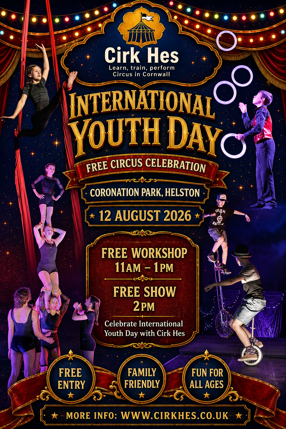 Free Circus Celebration of International Youth Day in Coronation Park, Helston