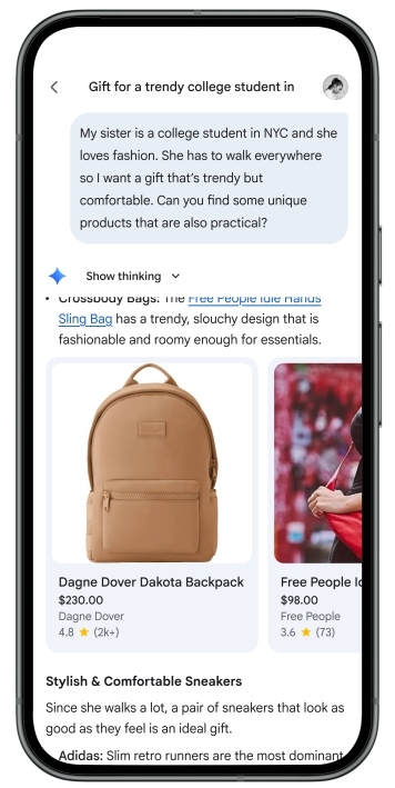 A screenshot of the user experience of using Google AI to shop for products.