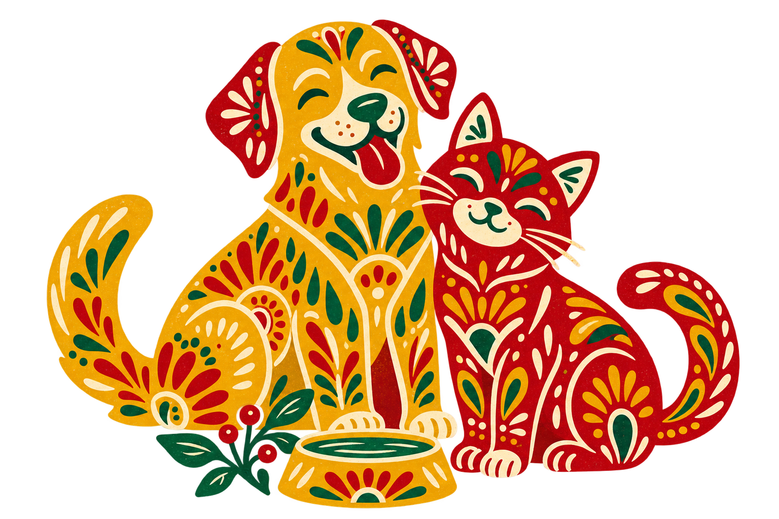 Ilustración artesanal de un perro y un gato juntos