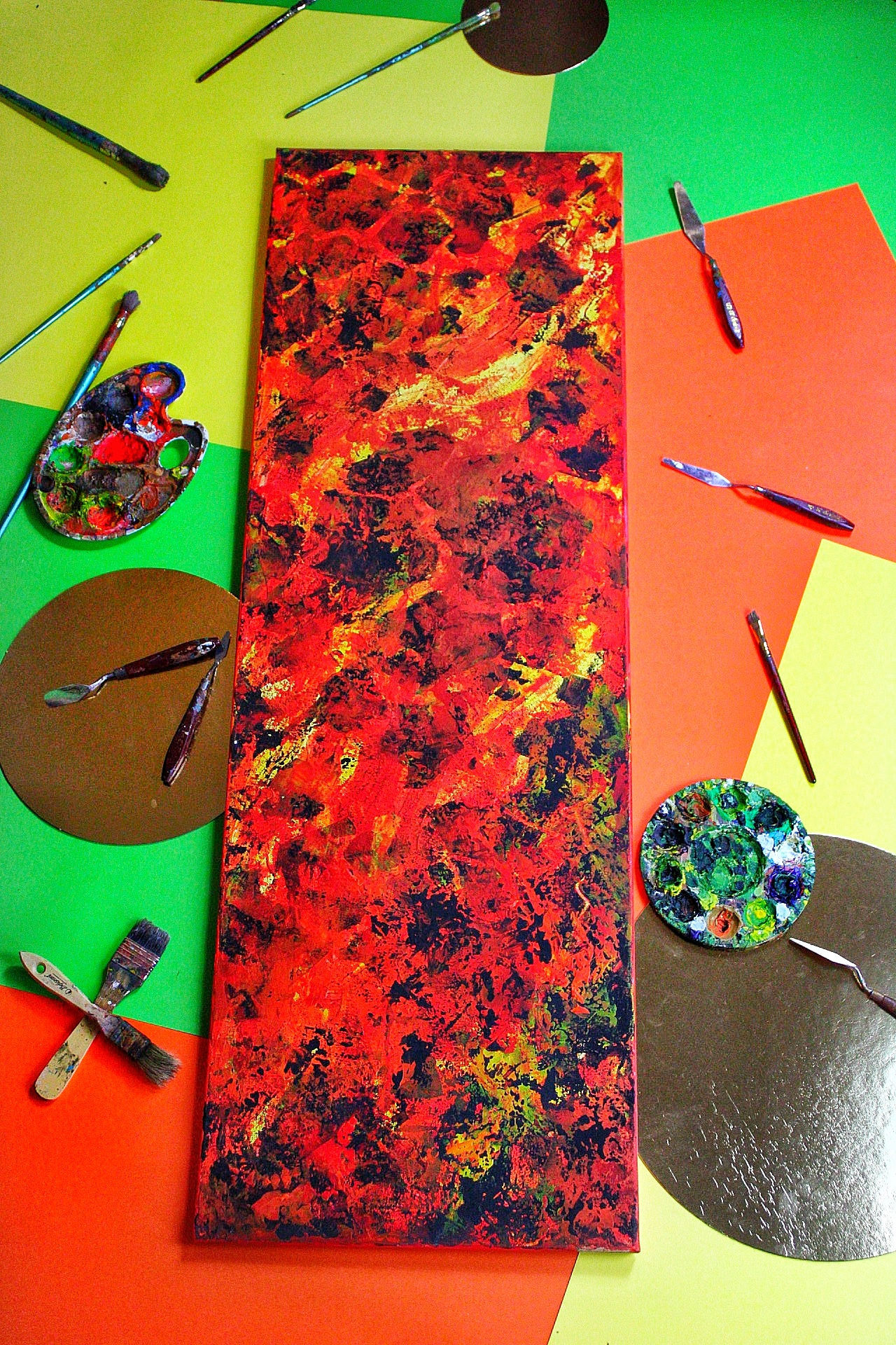 Red, orange, yellow, black