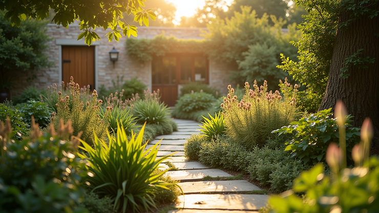 High angle view of a sunlit garden with diverse plant life
