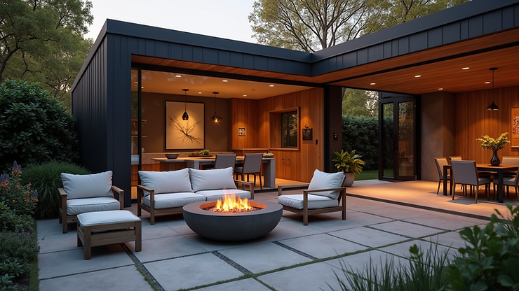 Eye-level view of a stylish patio with seating area and fire pit
