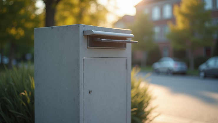 Close-up of a sleek modern concrete mailbox