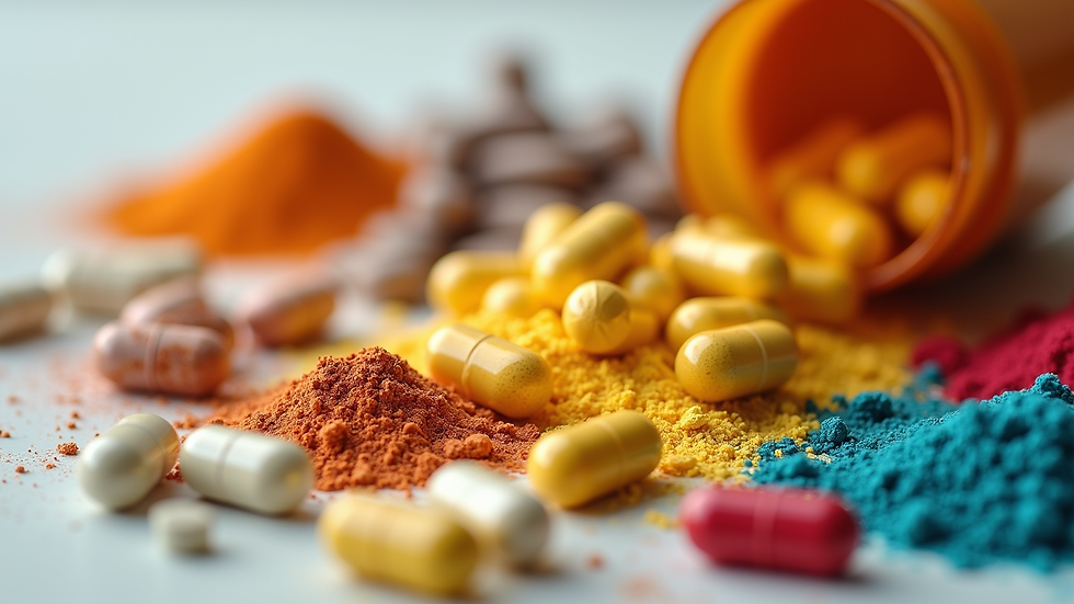 Close-up view of a variety of dietary supplements in capsules and powders