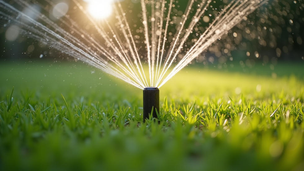 Eye-level view of a sprinkler head watering a green lawn