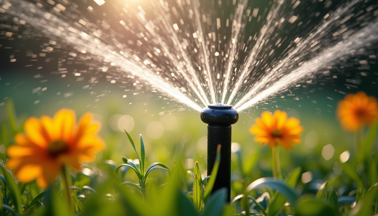 Close-up view of a sprinkler head watering a lush garden bed with flowers