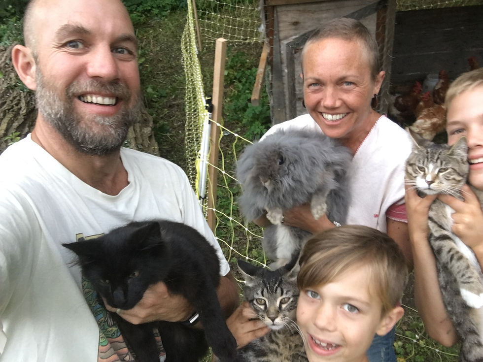 Author with hair growing back holding a fluffy gray bunny, husband holding black kitten, each son holding a kitten, and chickens in a coop in the background.
