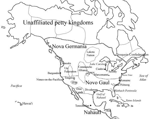 Map of North America as it would be in Edda; Novo Germania, Novo Gaul, etc.