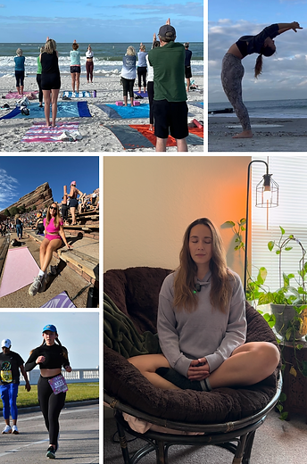 Pictures of The Clumsy Yogi Owner, Natalie. Pictures include yoga, meditation, running, and teaching.