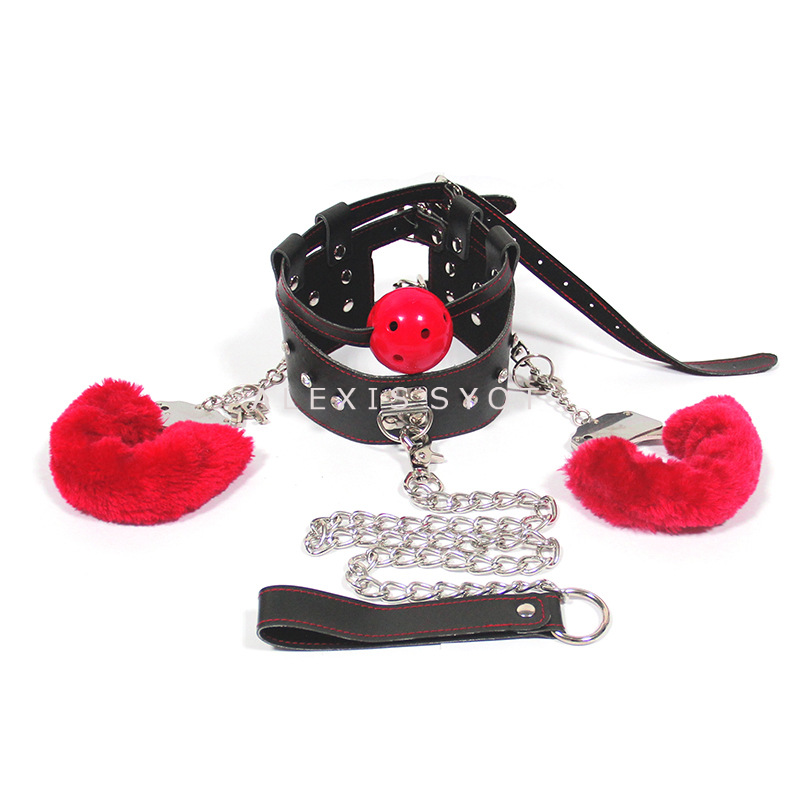 Binding Neck Collar & Hand Restraints With Ball Gag & Lead