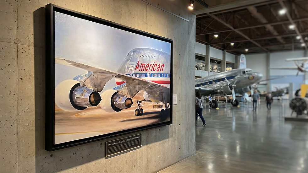 Original aviation painting by Christian Sly displayed in the CR Smith American Airlines Museum near DFW International airport