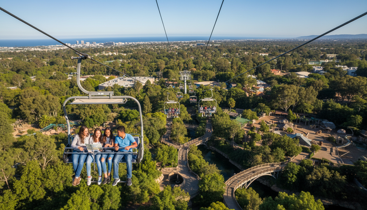 High-angle view of visitors riding an aerial tram over green zoo grounds.