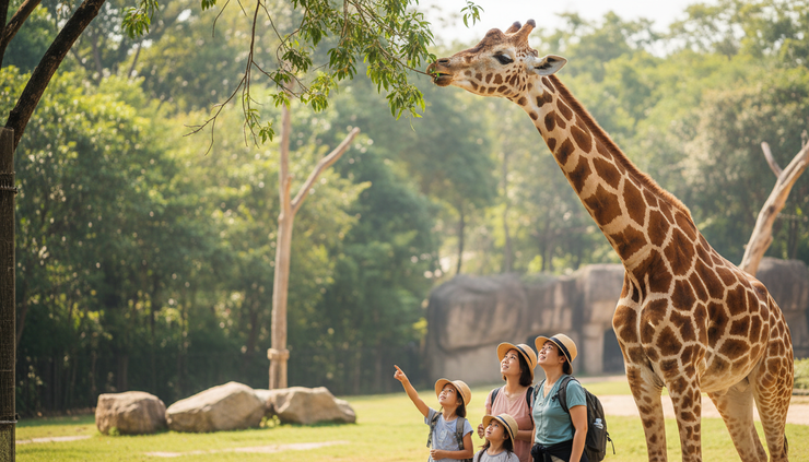 Close-up view of a giraffe standing near leafy branches in a zoo habitat.