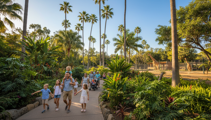 Wide-angle view of families walking through a lush zoo pathway in San Diego.