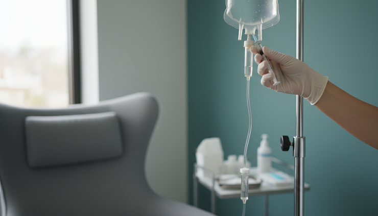 Close-up view of a gloved hand preparing an IV drip in a calm clinical treatment room