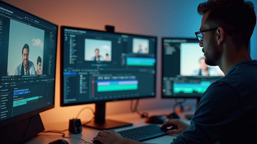 Close-up view of a video editor working on a computer screen with editing software