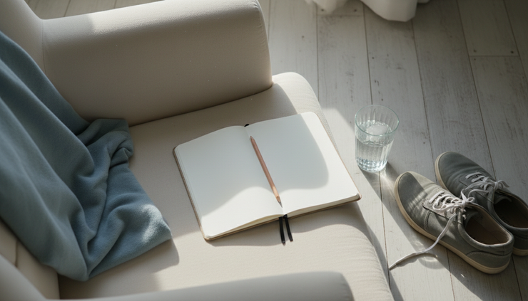 Overhead view of a journal, water glass, and walking shoes beside a bedroom chair