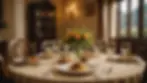 An eye-level view of a traditional Italian dining table set for a meal.
