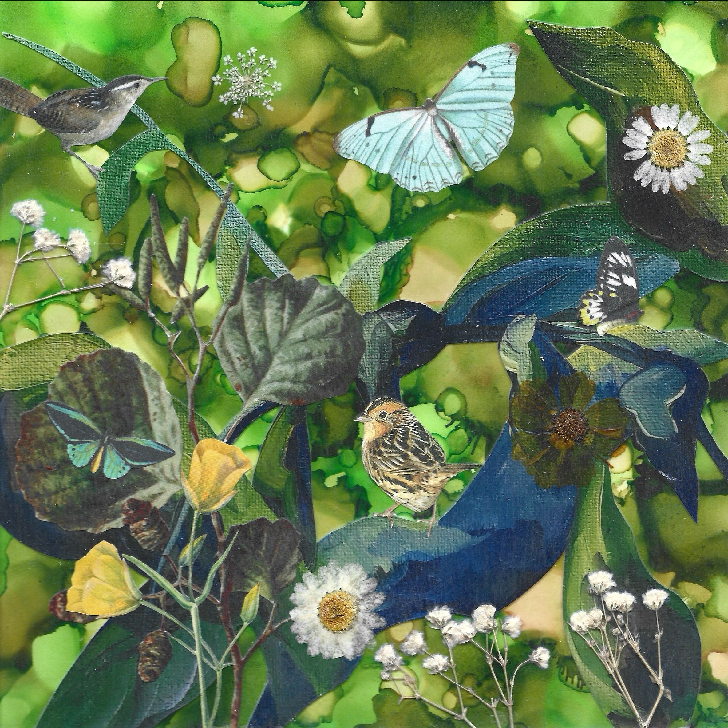 Mixed media collage featuring plants, birds, and butterflies, on a green background.
