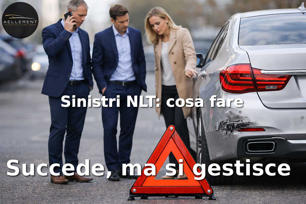 Sinistri Noleggo Lungo Termine  AelleRent: tre professionisti in abiti business controllano il danno su un’auto premium con triangolo d’emergenza, guida pratica su cosa fare subito e come gestire un sinistro nel noleggio lungo termine per PMI e professionisti.
