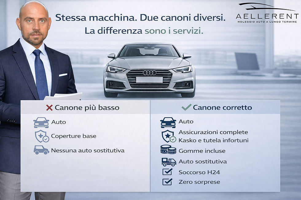 Alt text immagine: AelleRent spiega il confronto tra offerte di noleggio a lungo termine valutando canone, durata, chilometraggio e servizi inclusi per PMI e professionisti.