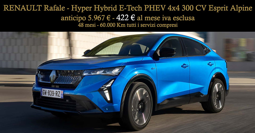Renault Rafale Hyper Hybrid E-Tech PHEV 4x4 300 CV Esprit Alpine blu vista anteriore laterale noleggio lungo termine