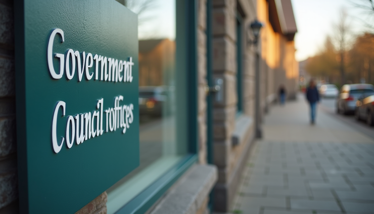 High angle view of a local council office building with a sign outside