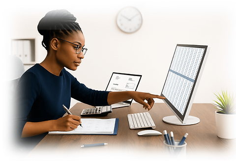 Accountant reviewing financial statements on a computer while preparing reports