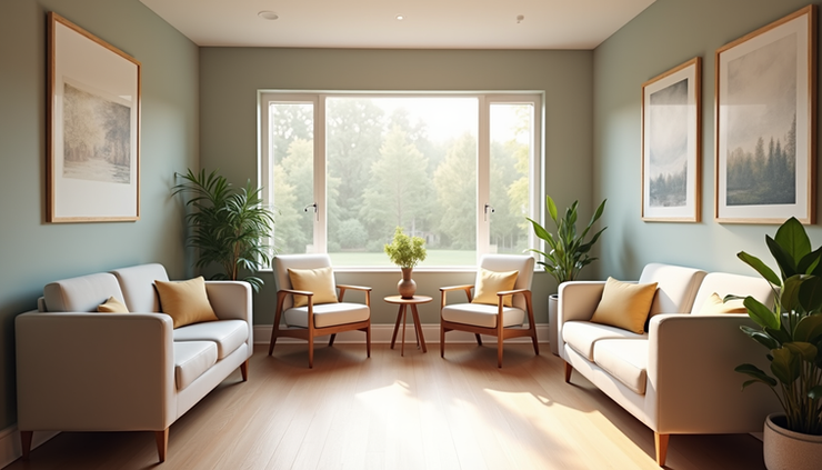 Eye-level view of a quiet counseling center reception area with comfortable chairs and soft lighting