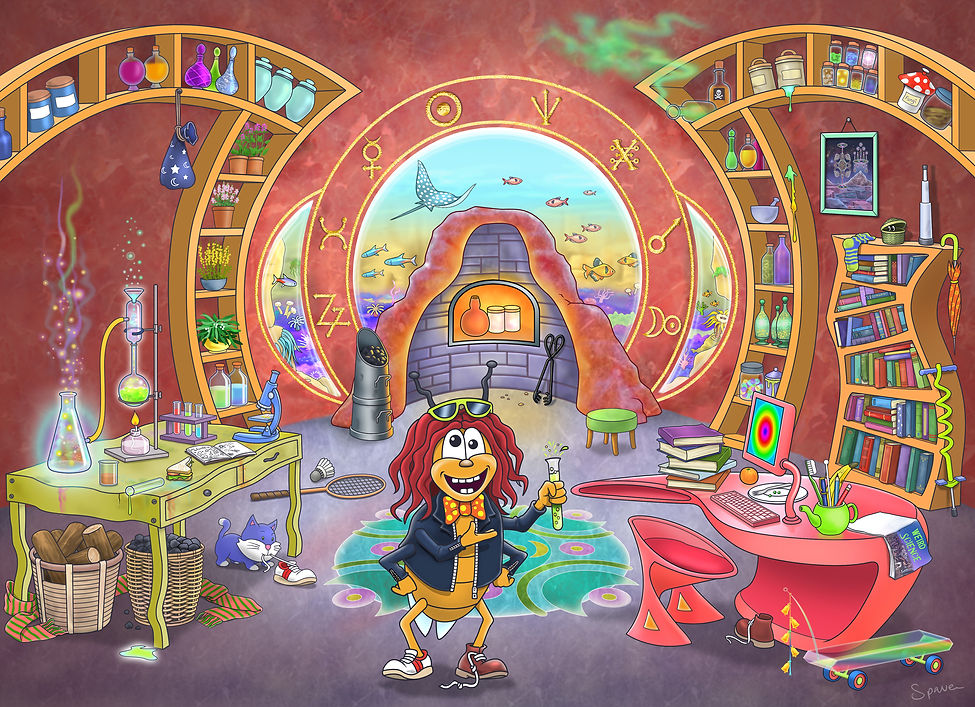This is an illustration for a children's storybook. The illustration was created by artist Nigel Spaven of Spaven Art Ltd. The illustration depicts eccentric scientist Boris the Bug, dressed in leather biker jacket and non-matching shoes, working in a chaotic underwater cave laboratory. There is a large round window, fish and a stingray can be seen amongst the coral of the seabed. From the window the laboratory opens inwards with curved shelving against the walls with potted herbs, bottles, jars of every colour and shape on the shelves (odours rise from some). A microscope and bubbling chemistry apparatus adorn a rickety table alongside a half-eaten sandwich and test tubes containing brightly coloured potions. A pc desk is covered in books and a teapot full of pens, plus a toothbrush and tube of glue. The colours of the illustration are vivid and dynamic with a unique style.