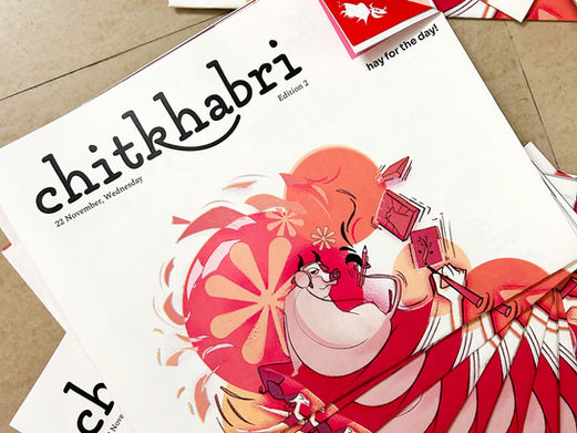 Graphic design for "Chitkhabri" a newspaper designed each day for all 3 days of Animation Festival, branding and illustration