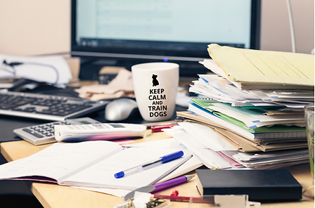 Untidy desk with piles of paper and mug saying "Keep calm and train dogs."