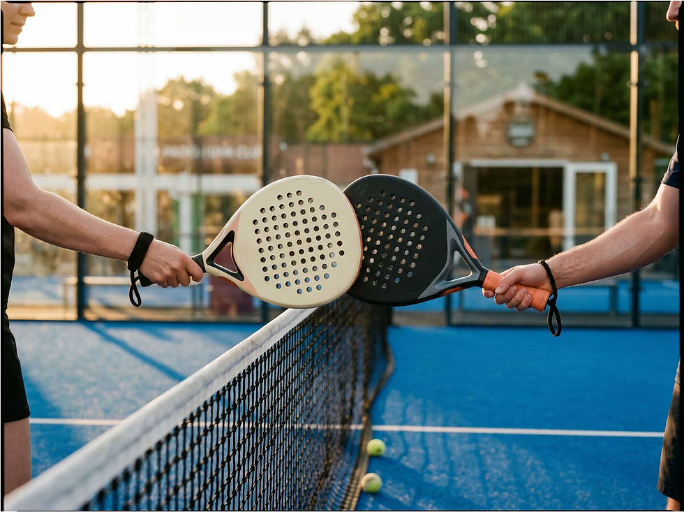 Two padel rackets tapping each other