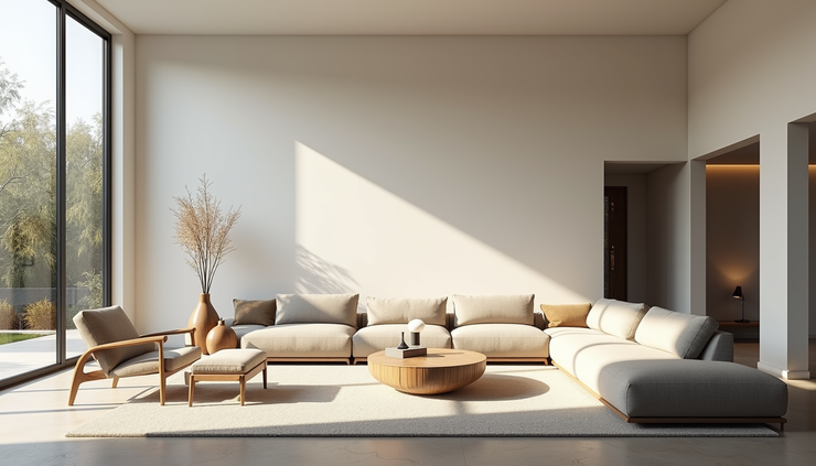 Wide angle view of a spacious living room with high ceilings and natural light