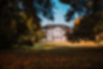 A view of the back façade of Chateau Chevreuil from the woods under the autumn light, blue skies and fallen leaves.