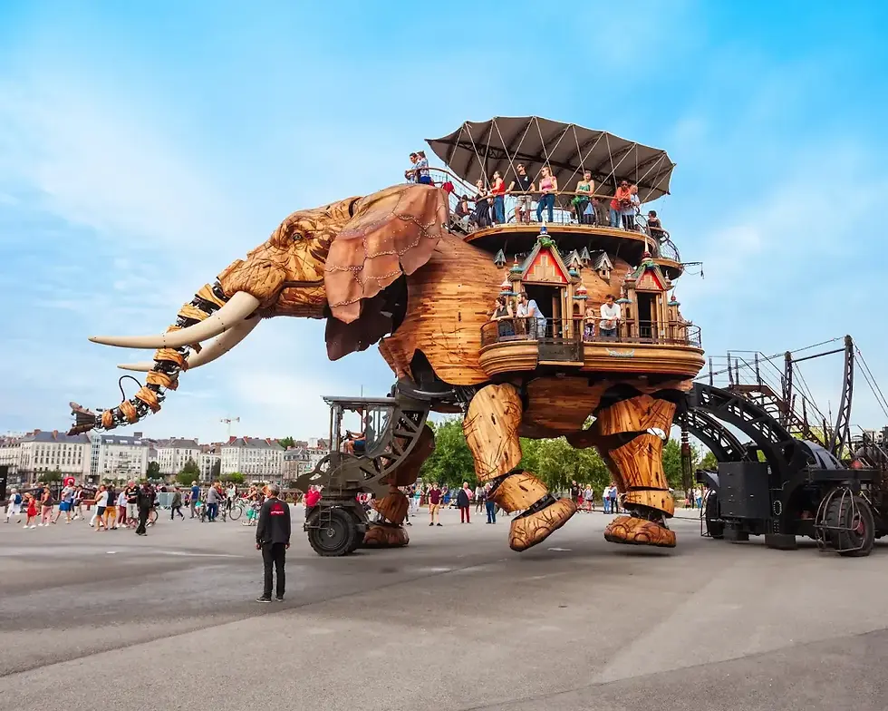 Eye-level view of the mechanical elephant at Les Machines de l'Île in Nantes