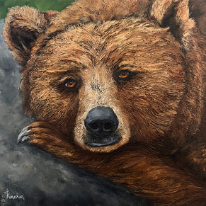 Original Artwork by Canadian artist Heather Kinahan featuring a bear with sleepy eyes. Textured Artwork.