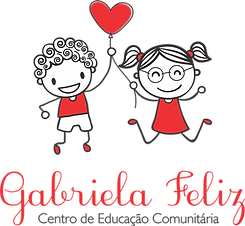 Logo da ong Gabriela Feliz, que mostra um menino e uma menina segurando um balão em forma de coração.