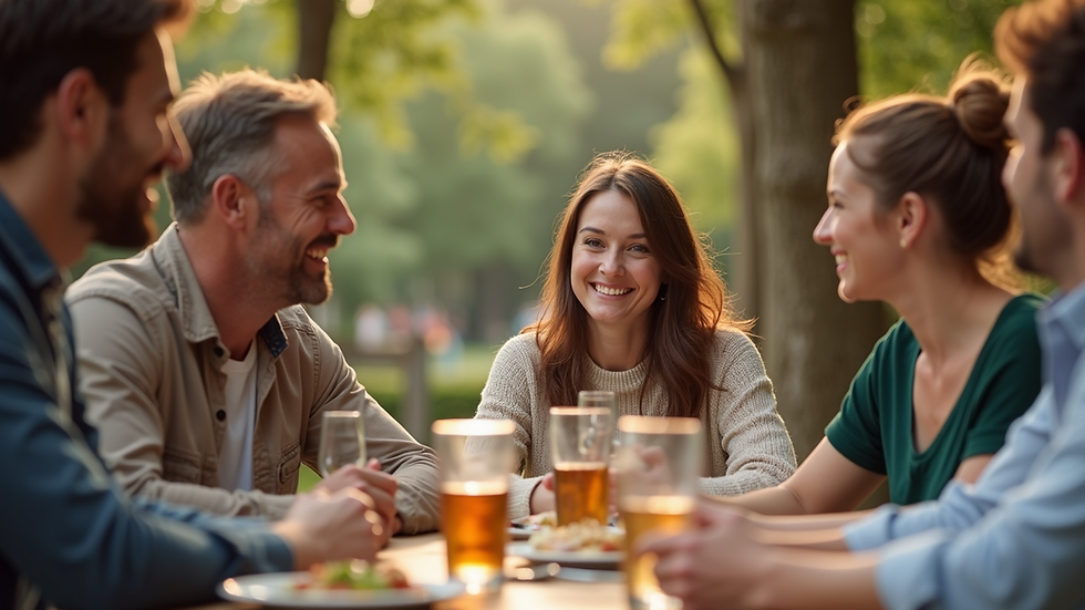 Eye-level view of a family gathering with people smiling and enjoying each other's company