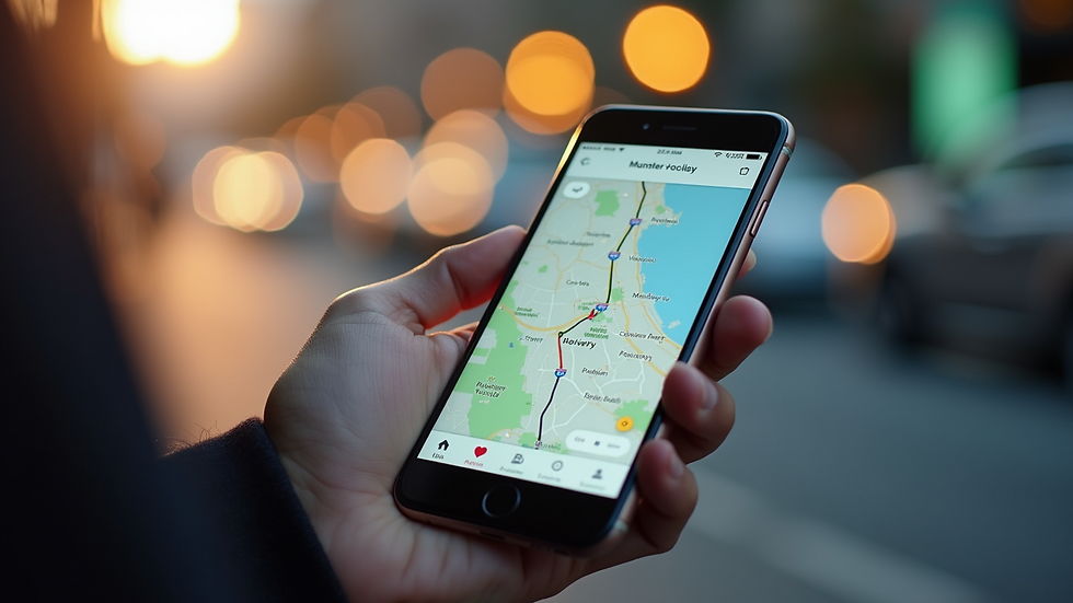 Close-up view of a smartphone showing a delivery app with route map
