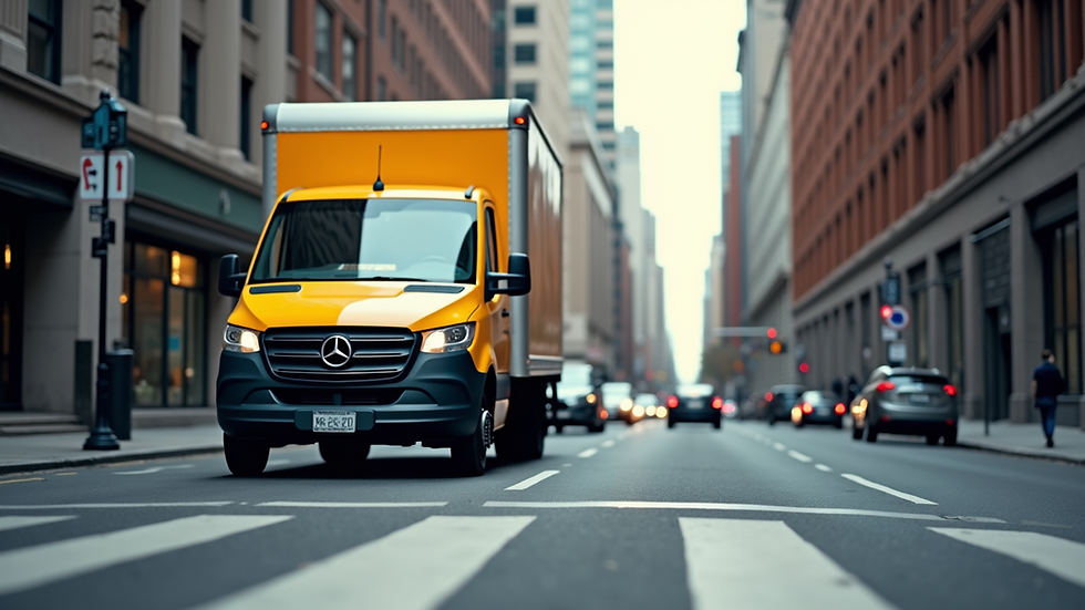 Eye-level view of a delivery van parked on a city street