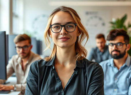 A smiling female founder with long strawberry blonde hair, wearing black reading glasses, sitting on the desk looking to the camera with her arms folded with three male developers sitting behind her in a small office, also looking to camera.
