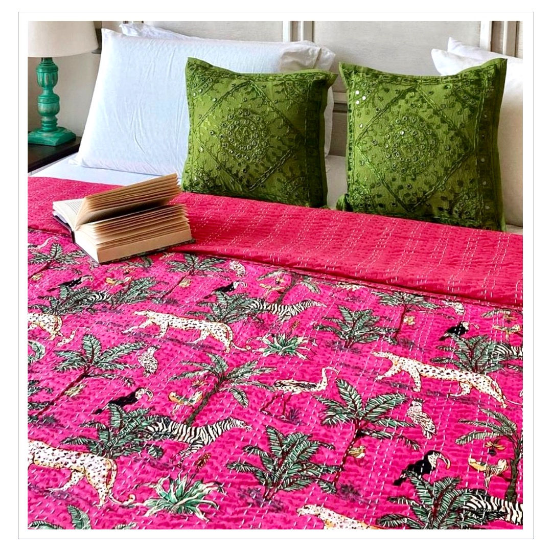 Fuchsia Forest Kantha Bedspread