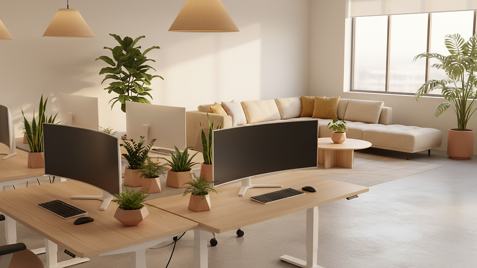 Eye-level view of a modern office space with ergonomic desks and plants