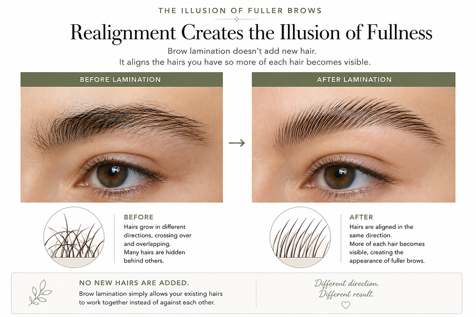 Educational illustration showing how brow lamination realigns natural eyebrow hairs into the same direction, creating the appearance of fuller, more defined brows without adding new hair.